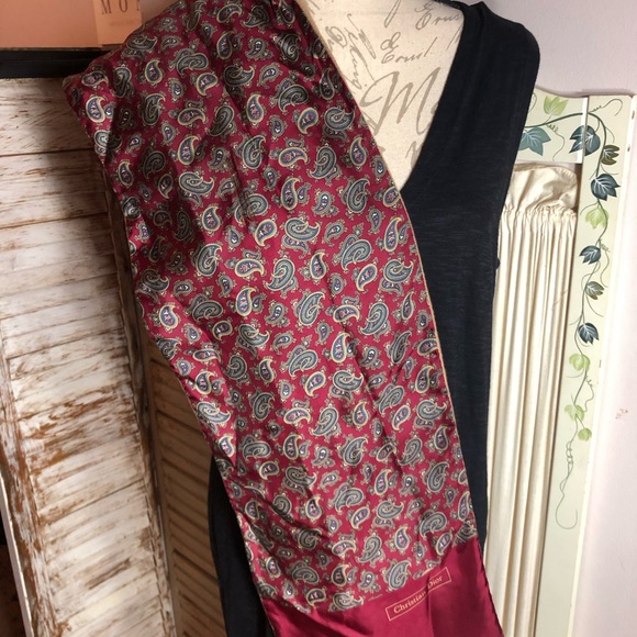 VINTSGE CHRISTIAN DIOR RED PAISLEY/TAN FABRIC LONG SCARF - Picture 3 of 16